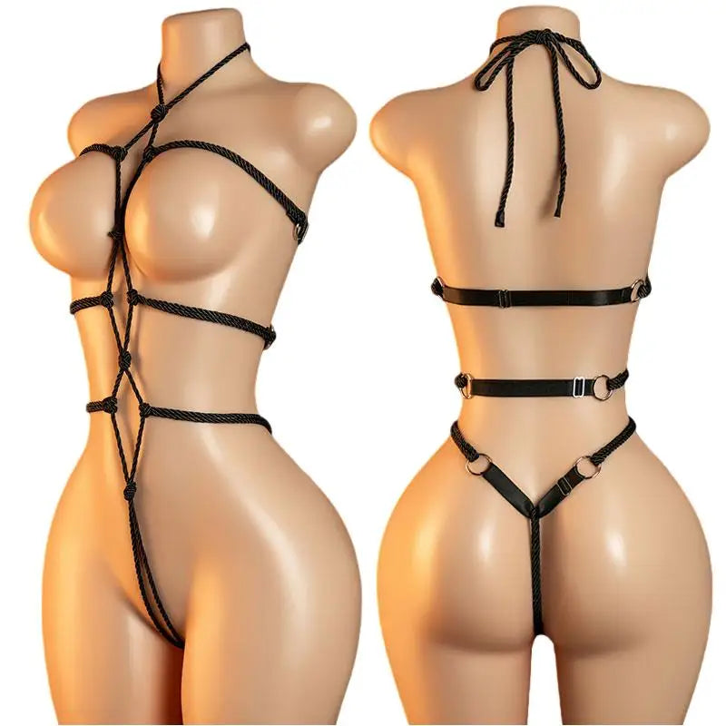 Crotchless Teddy Sexy Underwear Women Hollow Lingerie Transparent SM Bondage Rope Erotic Bodysuits Adult Fishnet Bodystockings