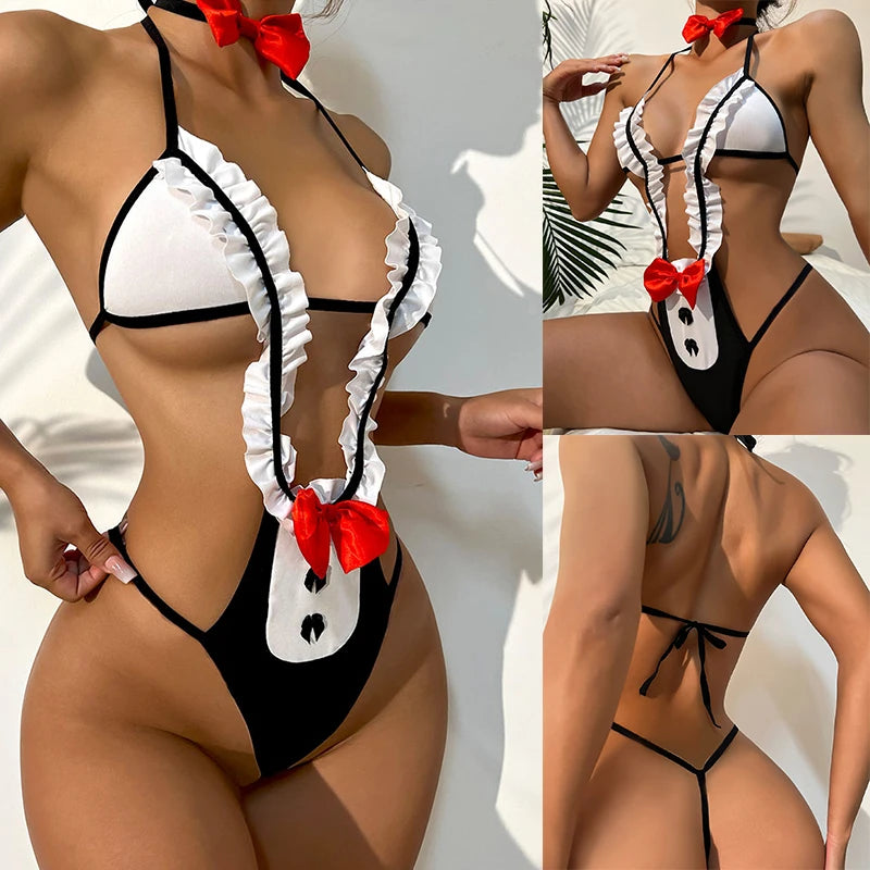 Hot Erotic Nurse Lingerie For Women Role Play Costumes Sexy Bodysuit Porno Underwear Sex Deep V Hollow Crotchless Babydoll Dress