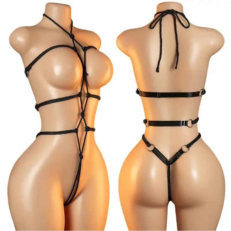 Crotchless Teddy Sexy Underwear Women Hollow Lingerie Transparent SM Bondage Rope Erotic Bodysuits Adult Fishnet Bodystockings